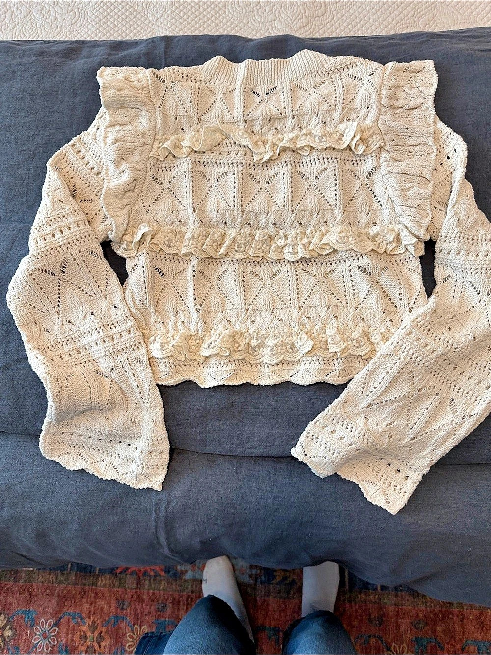 Zara Crochet Ruffle Long Sleeve Top Size Medium